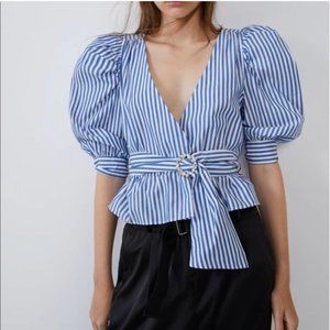 ZARA Blue Striped Puff Sleeve Top With Rhinestone Belt - Size S